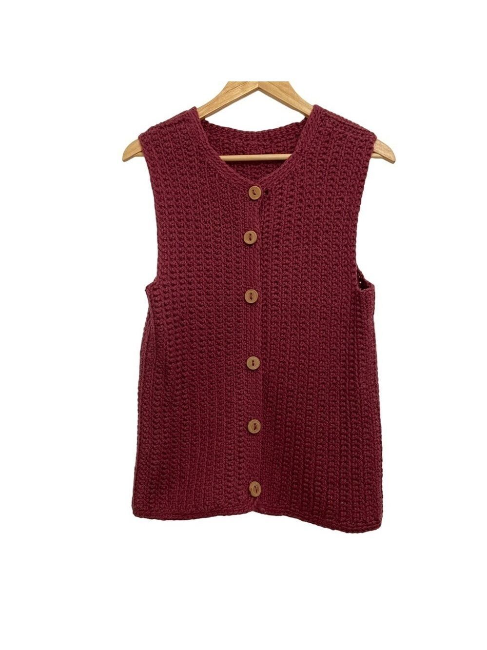 Vintage Handcrafted wool knit crochet vest pink wood buttons up fuchsia medium